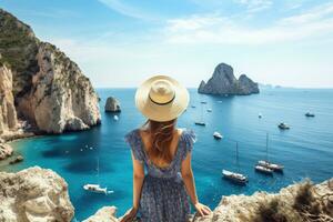 ai generiert jung Frau im Blau Kleid und Stroh Hut suchen beim schön Aussicht von Capri Insel, Italien, Ferien auf Capri Insel, zurück Aussicht von ein schön Mode Mädchen genießen das Aussicht von das foto