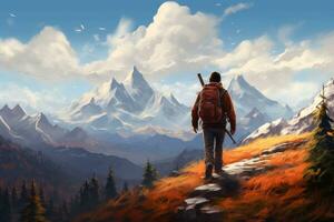 ai generiert Wanderer mit ein Rucksack im das Berge. 3d Illustration foto