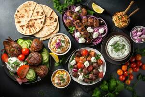 ai generiert griechisch Küche. traditionell sortiert griechisch Teller. oben Sicht, eben legen, griechisch Essen Hintergrund, Mezze, Gyros, Souvlaki, Fisch, Pita-Brot, griechisch Salat, Tzatziki, Sortiment von Feta, Oliven foto