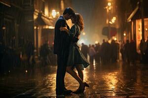ai generiert jung Paar küssen unter das Regen im das Stadt beim Nacht. Liebe Konzept, ai generiert foto