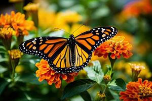 ai generiert Monarch Schmetterling danaus Plexippus Fütterung auf ein Blume, ai generiert foto