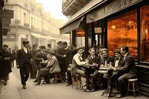 ai generiert unbekannt Menschen sitzen beim ein Cafe im Paris, Frankreich. Paris ist das Hauptstadt und die meisten dicht besiedelt Stadt von Frankreich, ai generiert foto