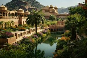 ai generiert schön Aussicht von Bernstein Fort im Jaipur, Rajasthan, Indien, Garten auf maota See, Bernstein Fort, Jaipur, Indien, ai generiert foto