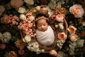 ai generiert Neugeborene Baby im ein Korb umgeben mit Blumen foto