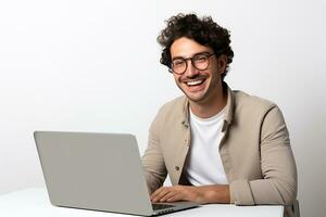 ai generiert jung glücklich Mann Betriebs Laptop auf isoliert Weiß Hintergrund foto