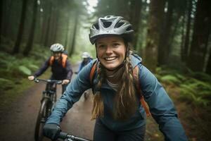 ai generiert klein glücklich Gruppe von Radfahrer erkunden Wald im das Herbst genießen Ausflug foto