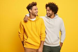 ai generiert zwei glücklich jung männlich freunde auf isoliert Gelb Hintergrund foto
