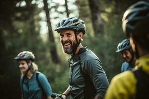 ai generiert klein glücklich Gruppe von Radfahrer erkunden Wald im das Herbst genießen Ausflug foto