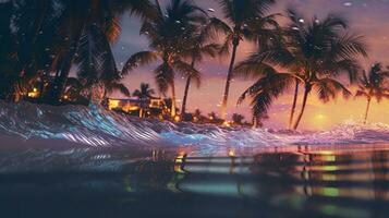 ai generiert Strand mit Wellen und Kokosnuss Bäume beim Sonnenuntergang. generativ ai foto