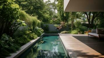 ai generiert zeitgenössisch Garten mit ein lang, eng Schwimmbad umgeben durch üppig Grün foto