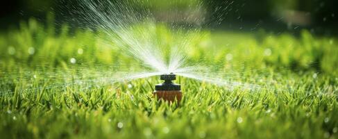 ai generiert automatisch Garten Rasen Sprinkler im Aktion Bewässerung Gras. ai generiert foto