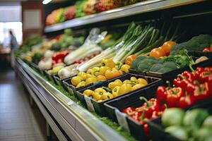 ai generiert Früchte und Gemüse auf Geschäft Stand im Supermarkt Lebensmittelgeschäft speichern. ai generiert foto