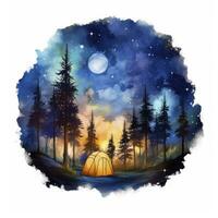 ai generiert ein Camping Zelt im das Wald mit Nacht Himmel, Aquarell zum T-Shirt Design. ai generiert foto