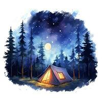 ai generiert ein Camping Zelt im das Wald mit Nacht Himmel, Aquarell zum T-Shirt Design. ai generiert foto