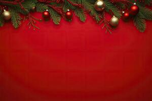 ai generiert Weihnachten oder Neu Jahr rot Hintergrund mit Tanne Dekor. ai generiert foto