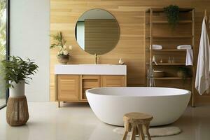 ai generiert Innere von stilvoll Badezimmer mit hölzern Kabinett, Waschbecken, Badewanne, und Spiegel. ai generiert foto