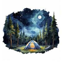 ai generiert ein Camping Zelt im das Wald mit Nacht Himmel, Aquarell zum T-Shirt Design. ai generiert foto