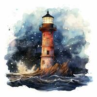 ai generiert Leuchtturm neben das Meer beim Nacht. Aquarell zum T-Shirt Design. ai generiert foto