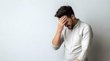 ai generiert gut aussehend arabisch Mann Leiden Schwindel, Schwindel, Kopfschmerzen, Ohnmacht Attacke oder Stress foto