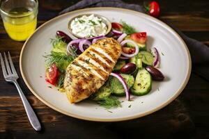 ai generiert angebraten Hähnchen Brust und griechisch Salat auf ein hölzern Tisch. generativ ai foto