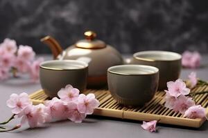 ai generiert traditionell Zeremonie. Tassen von gebraut Tee, Teekanne und Sakura Blumen auf grau Tisch. generativ ai foto
