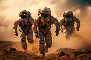 ai generiert Abenteuer von drei Raumfahrer oder Astronauten auf Mars. foto