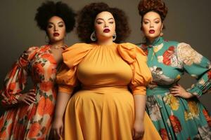 ai generiert drei schön Frauen mit afro Frisur posieren im Studio. Schönheit, Mode, ein detailliert Vitrine von Plus Größe Mode Tendenzen, ai generiert foto