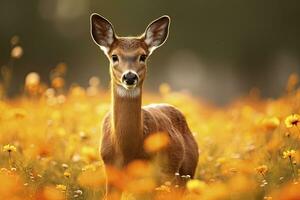 ai generiert weiblich Rogen Hirsch mit schön Blume. ai generiert foto