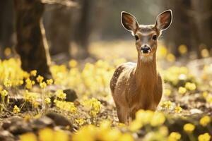 ai generiert weiblich Rogen Hirsch mit schön Blume. ai generiert foto