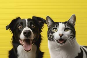 ai generiert Katze und Hund zusammen mit glücklich Ausdrücke auf Gelb Hintergrund. ai generiert foto