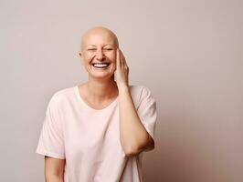 ai generiert Porträt von kaukasisch kahl Frau, Alopezie und Krebs Bewusstsein foto