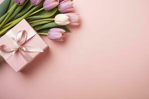 ai generiert Mutter Tag Konzept. Rosa Geschenk Box mit Band Bogen und ein Strauß von Tulpen. ai generiert foto