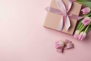 ai generiert Mutter Tag Konzept. Rosa Geschenk Box mit Band Bogen und ein Strauß von Tulpen. ai generiert foto