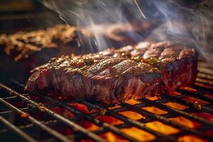 ai generiert Fleisch Grillen auf ein Holzkohle Grill mit Rauch steigend. ai generiert foto