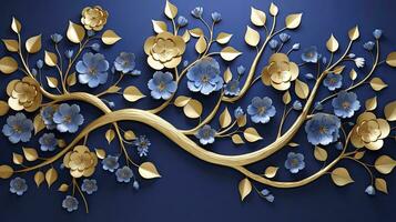 ai generiert elegant Gold und königlich Blau Blumen- Baum mit Blätter und Blumen hängend Geäst Illustration Hintergrund. ai generiert. foto