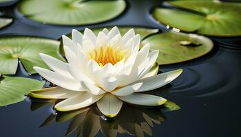 ai generiert Weiß Wasser Lilie. Weiß Lotus mit Blätter auf dunkel Teich. ai generiert foto