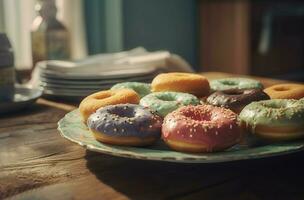 ai generiert hausgemacht glasiert Donuts Dessert Platte. generieren ai foto