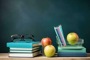 ai generiert zurück zu Schule Konzept mit Bücher, Brille und Apfel auf Tafel Hintergrund, Gläser, Lehrer Bücher, und ein Stand mit Bleistifte auf das Tisch, ai generiert foto