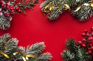 rote Weihnachtsdekorationen, Tannenzweige auf rotem Hintergrund