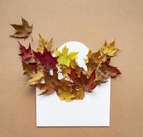Umschlag mit getrockneten Blättern auf pastellbraunem Hintergrund foto