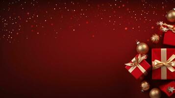 ai generiert rot Weihnachten Hintergrund mit Sterne und Geschenke foto