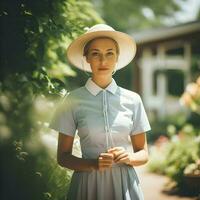 ai generiert Sommer- Berufungen Fotografie von das Mädchen. Frau im das Hut und Kleid. hoch Qualität. ai generativ foto