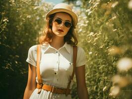 ai generiert Sommer- Berufungen Fotografie von das Mädchen im das Sonnenbrille. Frau im das Hut und Kleid. hoch Qualität. ai generativ foto