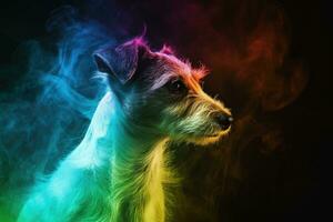 ai generiert Hund mit Regenbogen rauchig lumineszierend Hintergrund foto