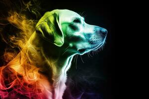 ai generiert Hund mit Regenbogen rauchig lumineszierend Hintergrund foto