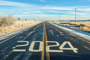 ai generiert Straße zu 2024, leeren Straße mit das Neu Jahr 2024 geschrieben auf das Straße foto