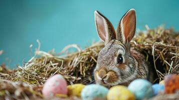 ai generiert bezaubernd Ostern Hase mit Ostern Eier, bunt Ostern Eier, Banner und Hintergrund foto