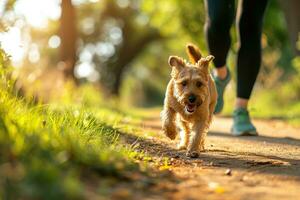 ai generiert ein Person Joggen mit ihr Hund wie ein Spaß Weg zu Übung foto