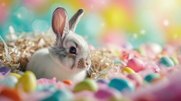 ai generiert bezaubernd Ostern Hase mit Ostern Eier, bunt Ostern Eier, Banner und Hintergrund foto