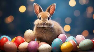 ai generiert bezaubernd Ostern Hase mit Ostern Eier, bunt Ostern Eier, Banner und Hintergrund, ai generativ foto